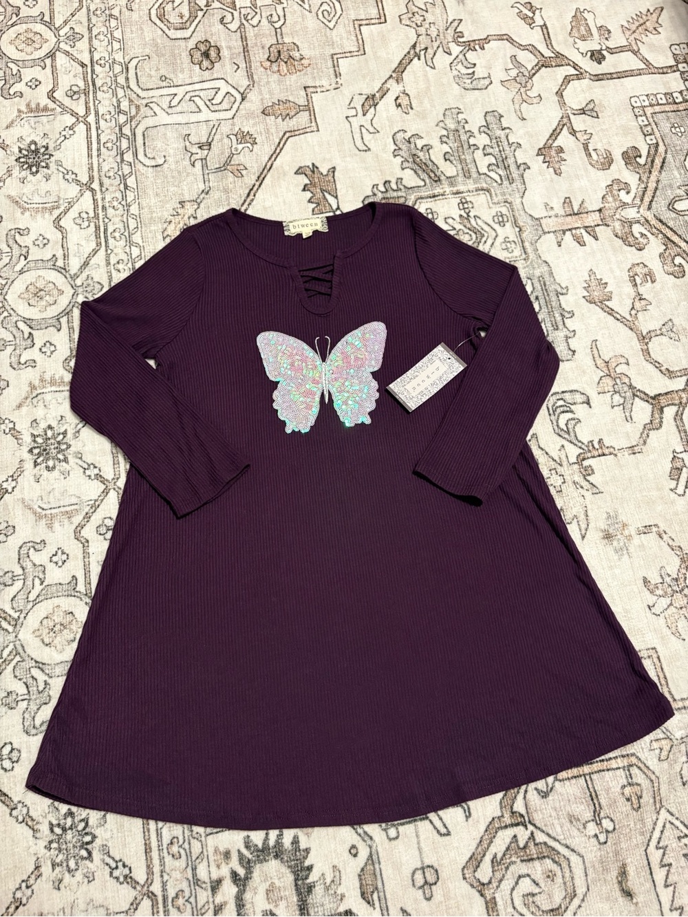 btween Plum Ribbed Dress with Iridescent Butterfly